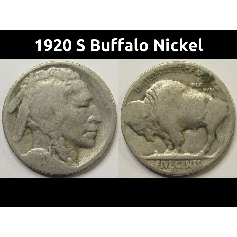 1920 S Buffalo Nickel - antique San Francisco mintmark five cent coin 1920 S Buffalo Nickel - antique San Francisco mintmark five cent coin
