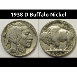 1938 D Buffalo Nickel - antique final year of issue American Indian nickel