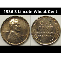 1936 S Lincoln Wheat Cent - antique San Francisco mintmark wheat penny