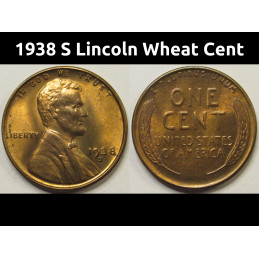 1938 S Lincoln Wheat Cent - antique uncirculated S mintmark wheat penny