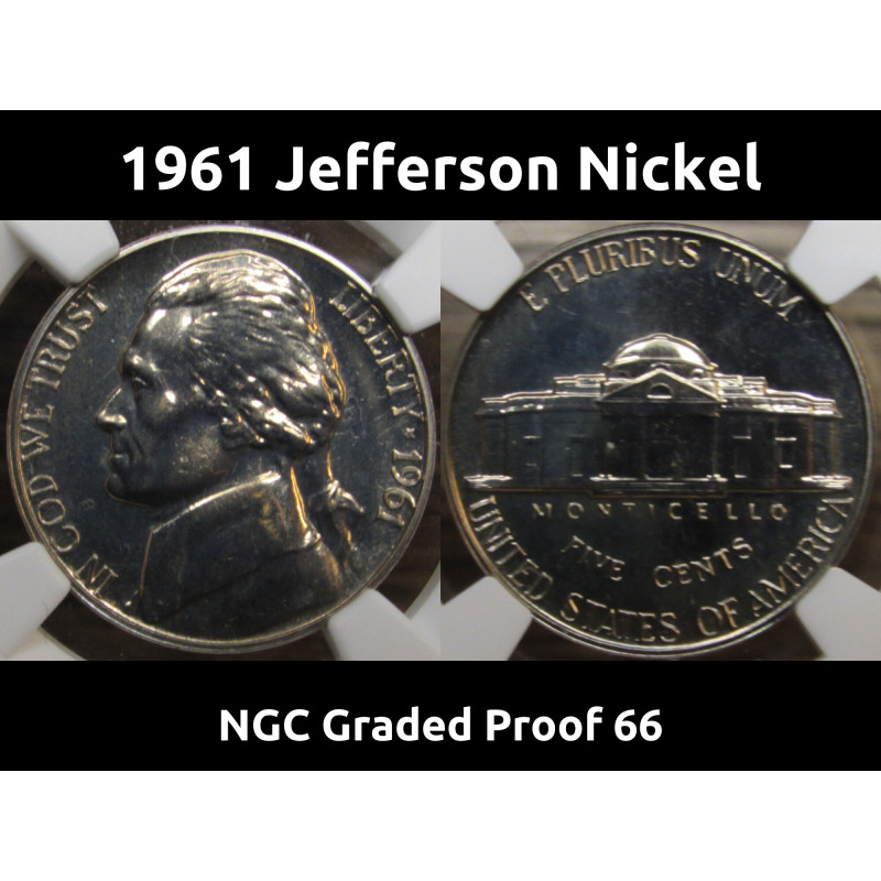 1961 Jefferson Nickel - NGC graded Proof 66 - professional certified proof coin