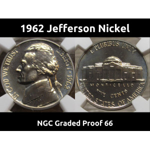 1962 Jefferson Nickel - vintage NGC graded Proof 66 - flashy nickel