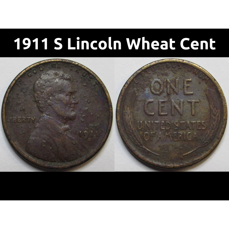1911 S Lincoln Wheat Cent - antique semi-key date San Francisco mintmark penny
