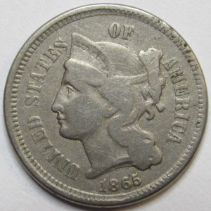 1865 Nickel Three Cents - antique Civil War era issue odd denomination coin