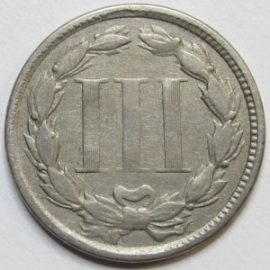 1865 Nickel Three Cents - antique Civil War era issue odd denomination coin