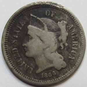 1866 Nickel Three Cents - antique post Civil War era American odd denomination coin