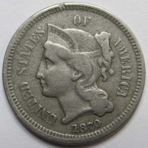 1870 Nickel Three Cents - antique better condition American odd denomination coin