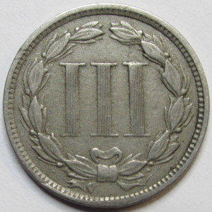 1870 Nickel Three Cents - antique better condition American odd denomination coin