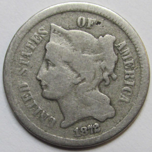 1872 Nickel Three Cents - antique lower mintage American odd denomination coin