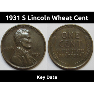 1931 S Lincoln Wheat Cent - antique key date San Francisco mintmark wheat penny