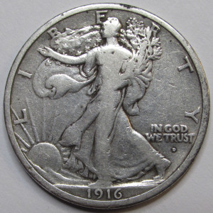 1916 D Walking Liberty Half Dollar - antique early date American silver half