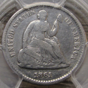 1861 Seated Liberty Half Dime - PCGS Graded 1 over 0 overdate - certified coin