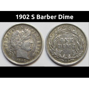 1902 S Barber Dime - antique San Francisco mintmark American silver dime coin