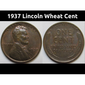 1937 Lincoln Wheat Cent - antique American wheat penny from Great Depression era