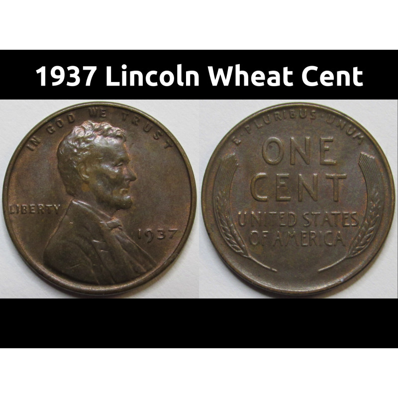 1937 Lincoln Wheat Cent - antique American wheat penny from Great Depression era