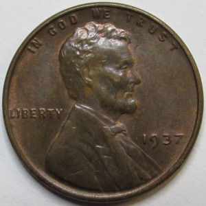 1937 Lincoln Wheat Cent - antique American wheat penny from Great Depression era