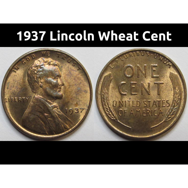 1937 Lincoln Wheat Cent - antique uncirculated American wheat penny