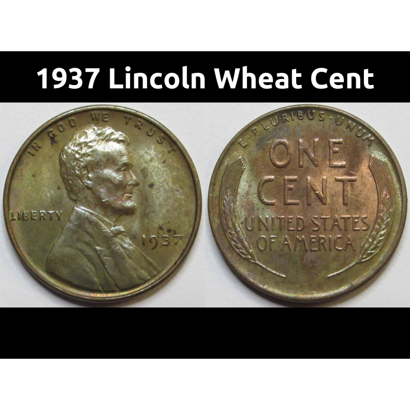 1937 Lincoln Wheat Cent - antique Great Depression era toned wheat penny