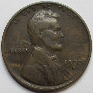 1933 D Lincoln Wheat Cent - antique Great Depression era Denver mintmark penny