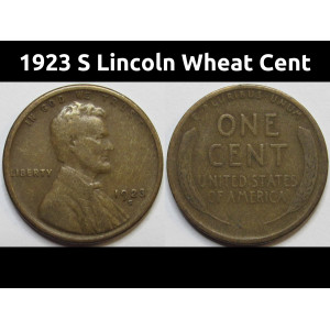 1923 S Lincoln Wheat Cent - antique San Francisco mintmark wheat penny