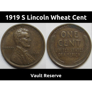 1919 S Lincoln Wheat Cent - antique San Francisco mintmark wheat penny