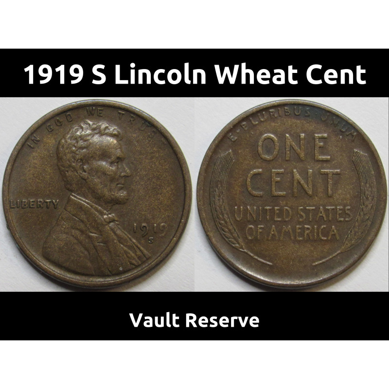 1919 S Lincoln Wheat Cent - antique San Francisco mintmark wheat penny