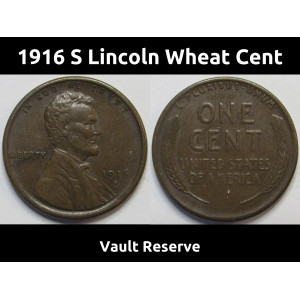 1916 S Lincoln Wheat Cent - high grade San Francisco mintmark wheat penny coin