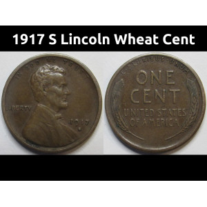 1917 S Lincoln Wheat Cent - antique San Francisco mintmark high grade penny