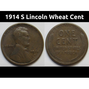 1914 S Lincoln Wheat Cent - antique San Francisco mintmark wheat penny