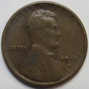 1914 S Lincoln Wheat Cent - antique San Francisco mintmark wheat penny