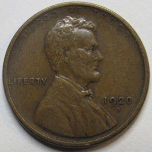 1920 S Lincoln Wheat Cent - antique San Francisco mintmark wheat penny