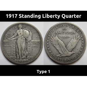 1917 Standing Liberty Quarter - Type 1 - unique design antique art deco design silver coin