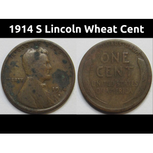 1914 S Lincoln Wheat Cent - antique lower mintage San Francisco mintmark wheat penny