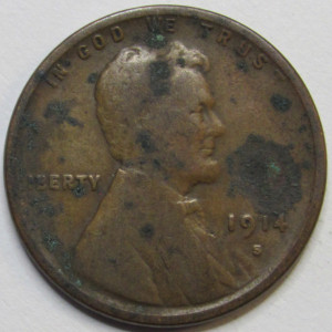 1914 S Lincoln Wheat Cent - antique lower mintage San Francisco mintmark wheat penny