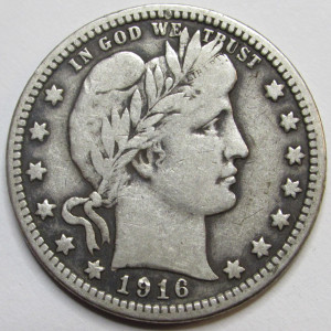 1916 D Barber Quarter - antique better condition American silver coin