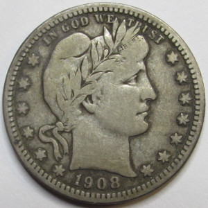 1908 Barber Quarter - antique great condition American silver quarter