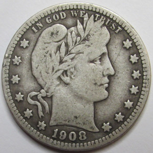1908 D Barber Quarter - antique better condition American silver quarter coin