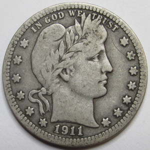 1911 Barber Quarter - antique better grade original American silver quarter