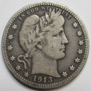 1913 Barber Quarter - better date low mintage American silver quarter