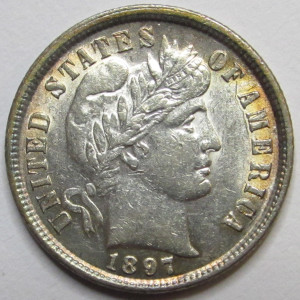 1897 Barber Dime - uncirculated 19th century toned American silver dime