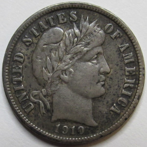 1910 Barber Dime - antique higher grade American silver dime