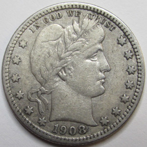 1908 D Barber Quarter - antique Denver mintmark American silver quarter