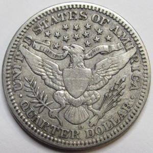 1908 D Barber Quarter - antique Denver mintmark American silver quarter