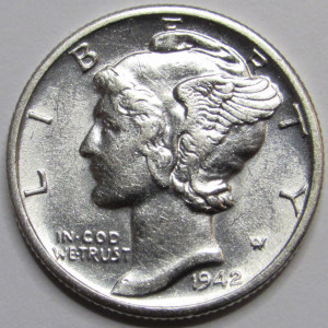 1942 D Mercury Dime - antique uncirculated silver dime