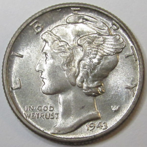 1943 Mercury Dime - antique WW2 American silver dime