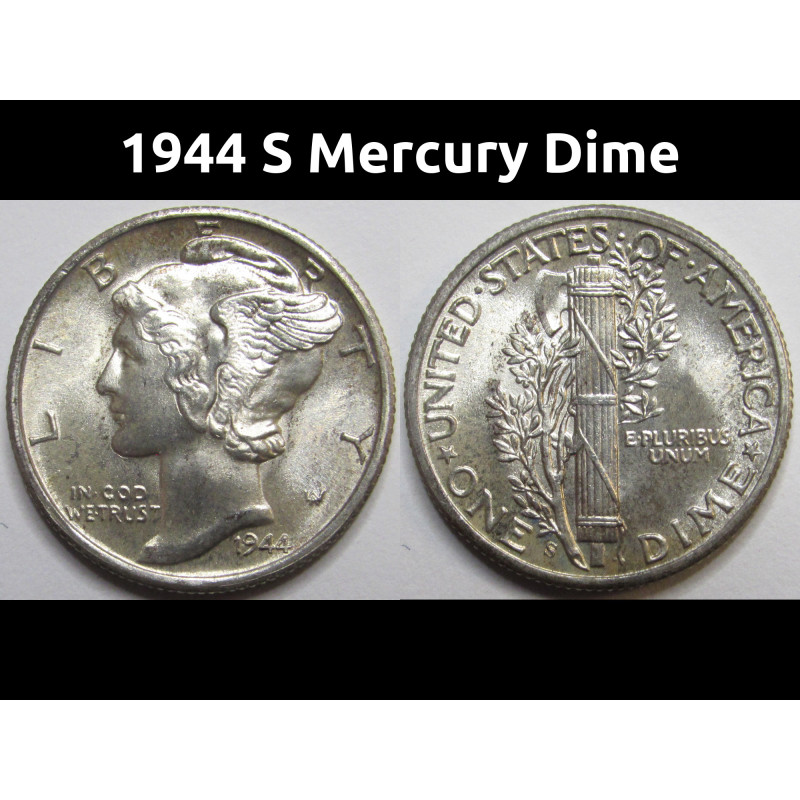 1944 S Mercury Dime - antique San Francisco mintmark brilliant uncirculated dime