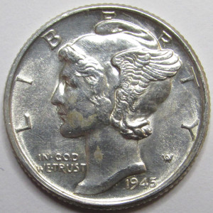 1945 Mercury Dime - antique WW2 era silver dime coin
