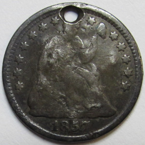 1857 Seated Liberty Half Dime - antique silver five cent coin
