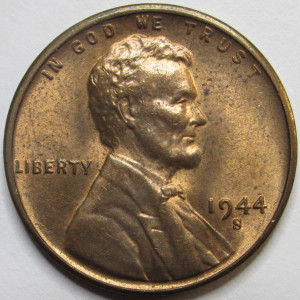 1944 S Lincoln Wheat Cent - antique uncirculated S mintmark wheat penny