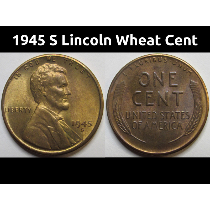 1945 S Lincoln Wheat Cent - antique San Francisco mintmark wheat penny